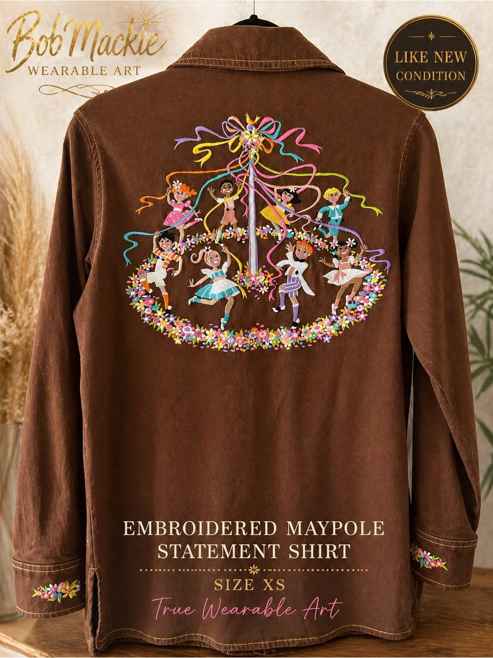 Bob Mackie Wearable Art Embroidered Maypole Shirt XS Brown Statement